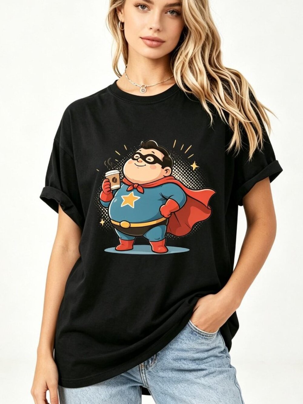 Chubby Superhero Coffee Lover Cartoon Graphic Tee